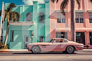 A close-up shot of a vintage 1980s sports car parked in front of a vibrant Miami Art Deco building, capturing the essence of