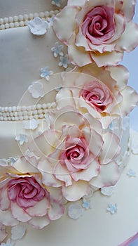 Close up shot of vintage sugar roses on a wedding cake