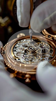 close-up shot of watch being repaired by gloved