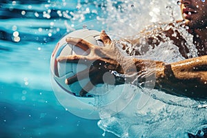 Close-up shot of the water polo player with the ball