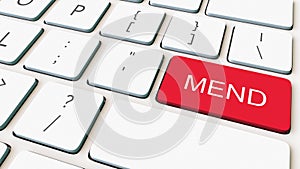 Close-up shot of white computer keyboard and red mend key. Conceptual 3D rendering