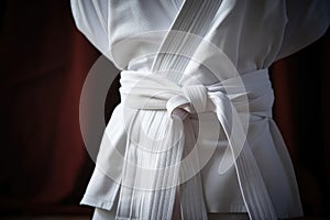 a close-up shot of a white karate belt tied around a gi