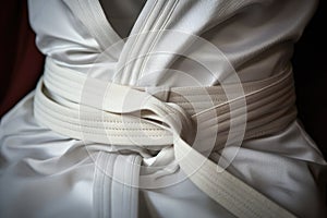 a close-up shot of a white karate belt tied around a gi