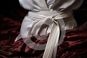 a close-up shot of a white karate belt tied around a gi