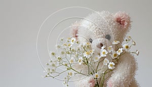 A white and pink teddy bear holding a bouquet of dainty white flowers,