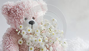 A white and pink teddy bear holding a bouquet of dainty white flowers