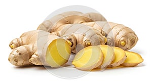 Fresh ginger root with slices isolated on white healthy spice ingredient