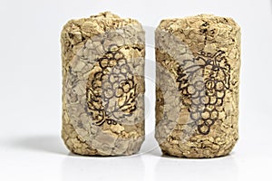 Close-up shot of wine corks with white background