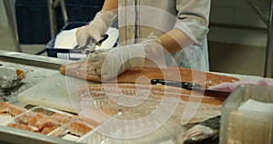 Close-up shot of a woman worker's hand in a market factory, a woman stands on the process of cutting a salmon and