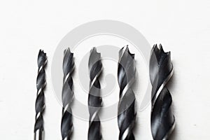 Close-up shot of wood drill bits of different sizes