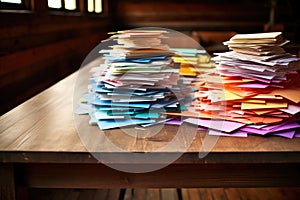 close up shot of a wooden table with different colored pile of papers