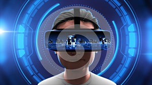 Close-up shot of a young man wearing VR Headset experiencing 3D virtual reality on digital background.