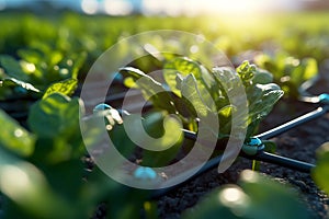 Close-up shots of advanced irrigation systems, such as drip irrigation or sprinklers, demonstrating water conservation and