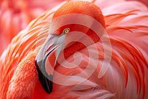 A close-up showcases the fiery hues of a flamingo's feathers, a testament to nature's artistry