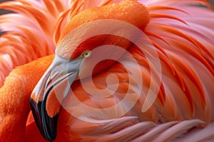 A close-up showcases the fiery hues of a flamingo& x27;s feathers, a testament to nature& x27;s artistry