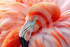 A close-up showcases the fiery hues of a flamingo's feathers, a testament to nature's artistry