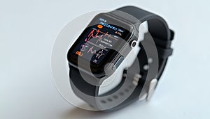Black smartwatch on white surface displaying data screen