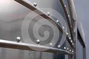 Close up showing the detail on a classic Airstream catering trailer, photographed at the Tytano tobacco factory in Krakow, Poland