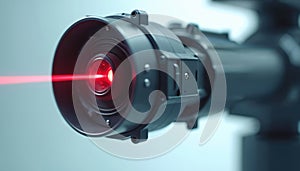 Close-up shows high-tech optical sensor emits red laser beam. Robotic camera, industrial automation, engineering, precision photo