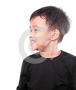 Close up side head shot of asian children toothy smiling face is