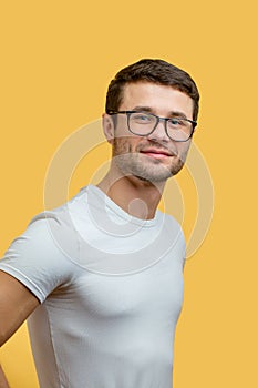 Close up side portrait of pleasant nerd wearing T-shirt