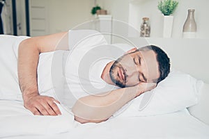 Close up side profile photo fall asleep he him his attractive guy vacation sunday saturday daily dream eyes closed lean