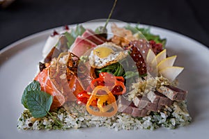 Close Up Side Shot of Creative Plate of Chirashi