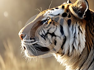 Close-up side view of tiger head with looking up eyes