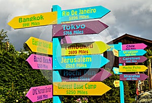 Close up of the signpost informing about distances to different directions photo