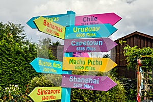 Close up of the signpost informing about distances to different directions photo