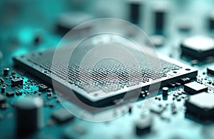 Close-up silicon wafer. Microchip central processing unit on circuit board. Computer tech, digital integrated circuits,