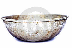 Close up of silver colored empty woks or rounded pan or karahi or kadahi isolated on white widely used in Asia for frying purposes