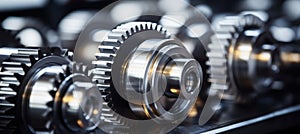 Close up of silver metallic engine gear wheels on industrial background with mechanical components