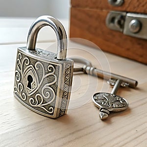 Close-up Silver Padlock with Key, Symbolizing Security
