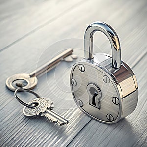 Close-up Silver Padlock with Key, Symbolizing Security