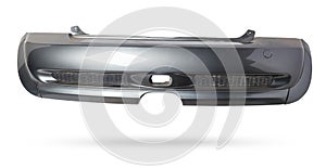 Close up of a silver rear car bumper isolated on white background. Spare parts catalog for bodyshop, garage and paint services