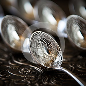 A close up of a silver spoon with a design on it, AI