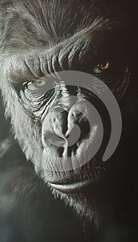 Close up of a silverback gorilla s features with a soft blurred background for dramatic effect photo