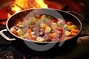 close-up of simmering dutch oven stew