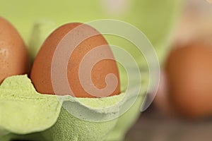 Close-up of a simple fresh brown egg in a light green container. Economic crisis