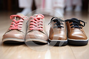 close-up of a single adult shoe between two pairs of kids shoes