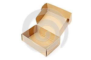 Close-up single carton box open empty isolated on white background