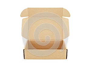 close-up single carton box open empty isolated on white background