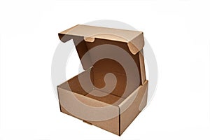 Close-up single carton box open empty isolated on white background, brown parcel cardboard box for packages delivery