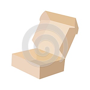 Close-up single carton box open empty isolated on white background, brown parcel cardboard box for packages delivery