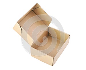 Close-up single carton box open empty isolated on white background, brown parcel cardboard box for packages delivery.