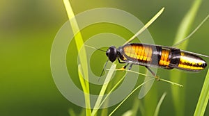 A close-up of a single firefly perched on a blade of grass
