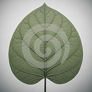A close up of a single green leaf with a symmetrical pattern