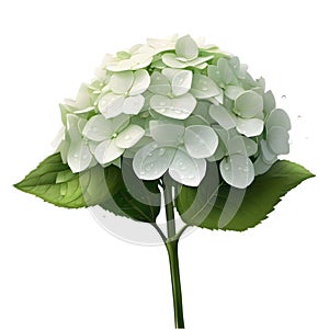 hydrangea and leaves and waterdrops on their leaves on a white background. AI-Generated