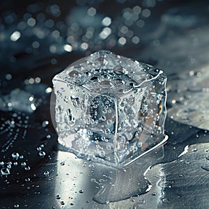 Close-up of a single ice cube with water droplets on a dark surface